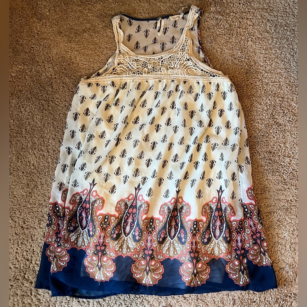 Blu Pepper Sleeveless Dress with Crochet and Paisley